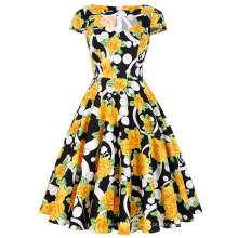 Belle Poque Women Hollowed Short Sleeve Retro Vintage Cotton Floral Print Summer Dress BP000008-9